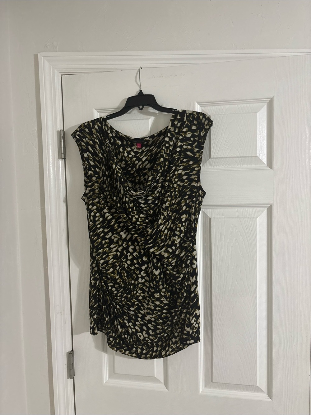 Vince Camuto Black and Olive Printed Cowl Neck Tank